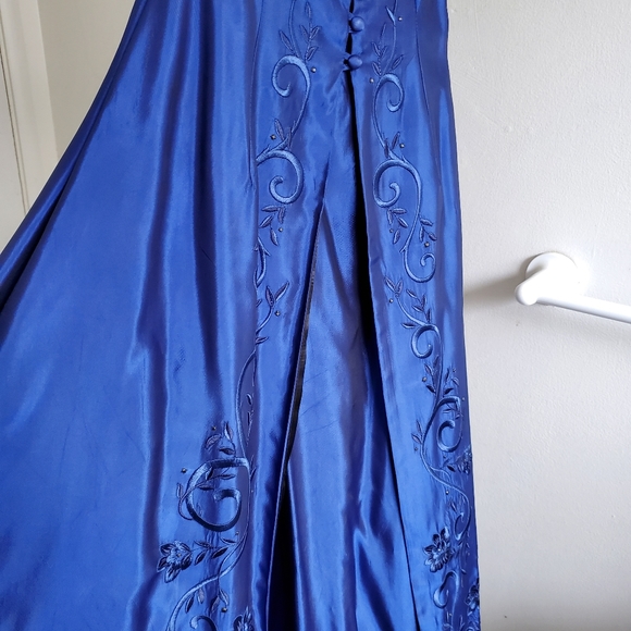 Embroidered Royal Blue Full Length Formal Strapless Dress - Picture 5 of 12